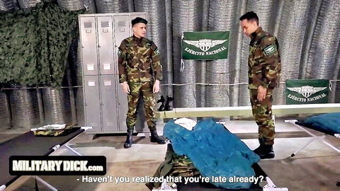 Sergeant disciplines naughty soldier in military uniforms for being late