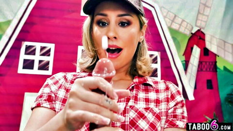 Blonde milkmaid in plaid shirt milks thick cum from pink toy cock on farm