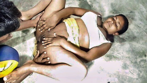 Pregnant Indian babe spreads legs as man fingers her exposed pussy on floor