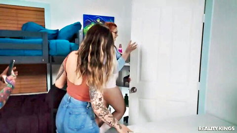 Abigaiil Morris and Kitty Lynn tease in tight shorts and tops, big cock threesome preview