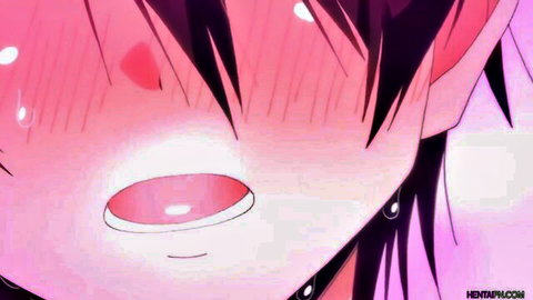 Hentai anime girl ahegao face close-up with open mouth revealing glossy pink pussy inside