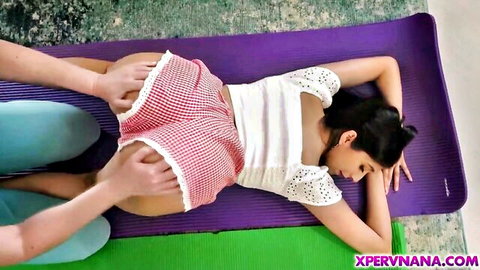 Penelope Woods in tight shorts during intimate yoga with Jenn Cameron