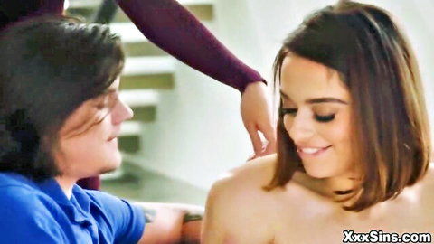 Alex Coal guides Sophia Burns in topless tease with Tyler Cruise for threesome