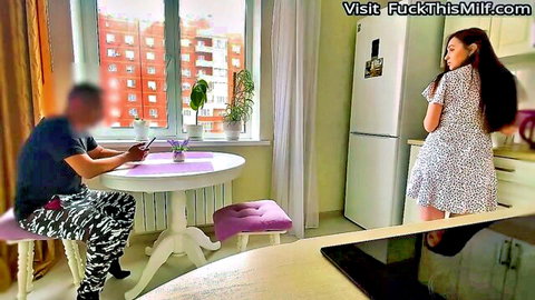 Asian stepmom in floral dress seduces stepson in kitchen, amateur taboo