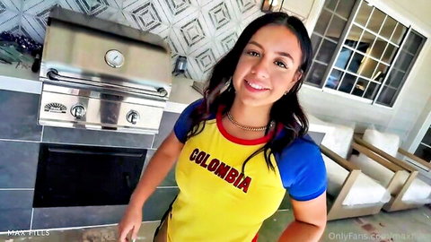 Colombian Brandy smiles seductively in yellow Colombia top, teasing outdoors