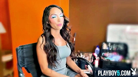Maddy Belle seductive pose, gorgeous Asian MILF in gray tube top