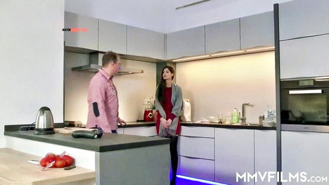 Coco Kiss in red dress with RonnyRossetti in steamy kitchen encounter