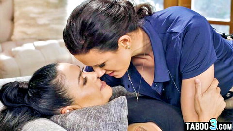 Brunette police officer in uniform passionately kisses sexy lying brunette in taboo lesbian scene