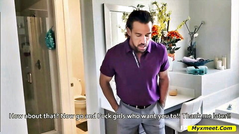 Man in purple shirt stands in bathroom urging to fuck girls who want it