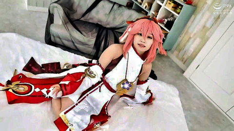Sexy pink-haired Hu Tao cosplay girl lying on floor spreading legs teasing cleavage and thighs