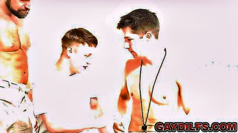 Shirtless muscular men in close threesome pose for twink double anal action