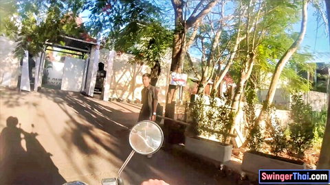 Thai swinger couple parks motorcycle outside private villa before passionate homemade sex