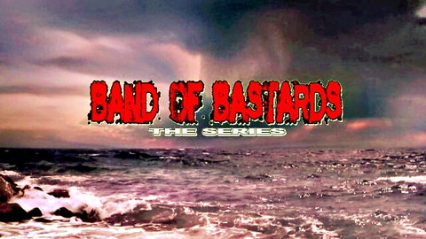 Band of Bastards the series title over dramatic ocean sunset waves