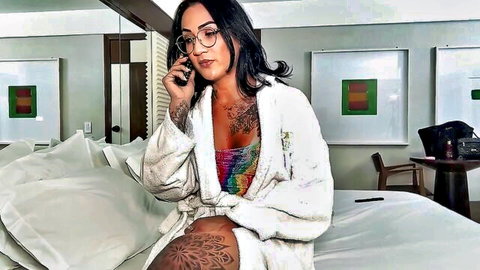 Tattooed brunette in open robe teases in hotel room, calling technician