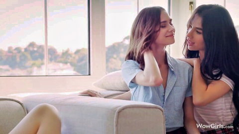 Leona Mia and Kinsley White intimate embrace in soft light