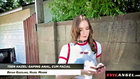 Hazel Moore in crop top and choker, outdoor tease for gaping anal cum facial
