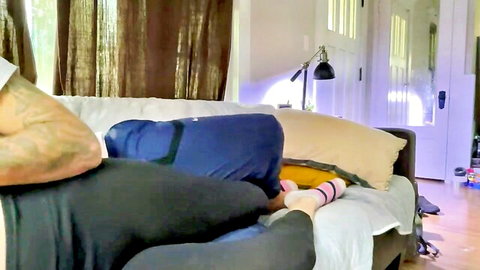 Naughty cougar in wild gangbang with tattooed neighbors, cuckold hubby reacts