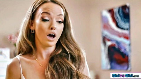 Long-haired blonde with big tits makes shocked O-face in lesbian pleasure