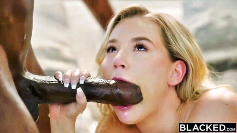 Blonde babe deepthroating massive BBC with spitty blowjob in interracial scene