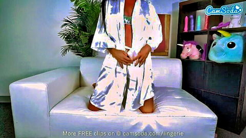 Ebony teen in open white robe and black lingerie solo cam tease