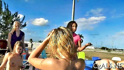 Group of busty blondes and brunettes nude on sunny beach, ready for hunks