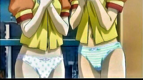 Two anime schoolgirls in uniforms flashing patterned panties