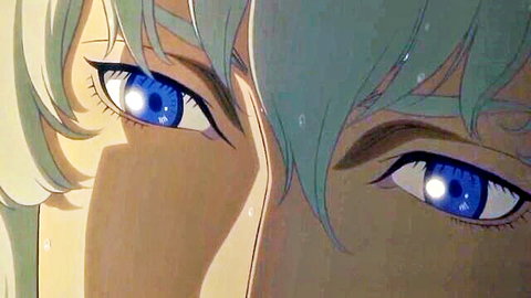Intense close-up of blue-eyed blonde anime character Griffith from Berserk sex scene