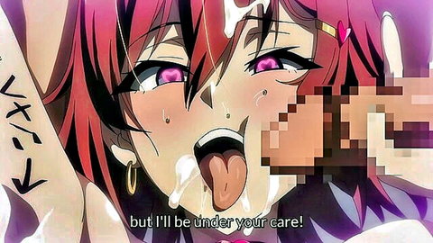 Redhead hentai girl with cum-covered face and tongue out licking semen in ahegao ecstasy