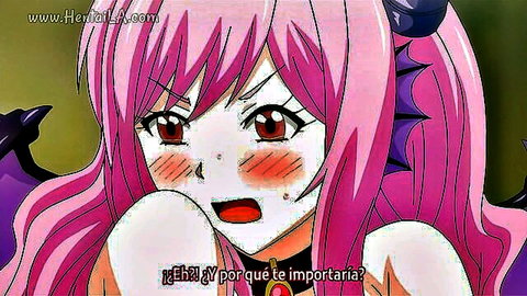 Blushing pink-haired hentai demon girl with horns and devil tail looks surprised with open mouth and flushed cheeks