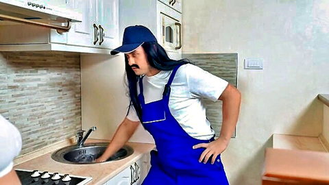 Plumber in kitchen with Luna Roulette for steamy repair encounter