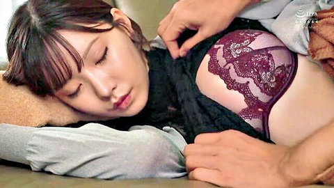 Eimi Fukada in black lingerie with purple lace, sleeping as man touches her in JAV