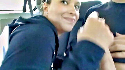 Smiling brunette with big tits touched intimately by boyfriend in car