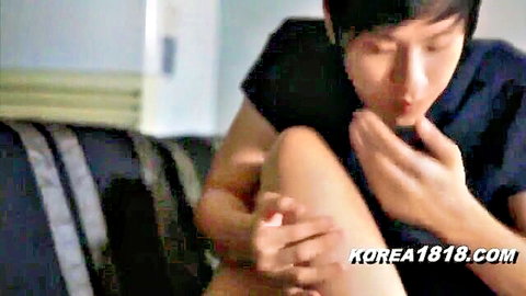 Korean beauty ready for intimate action, man touching thigh and face