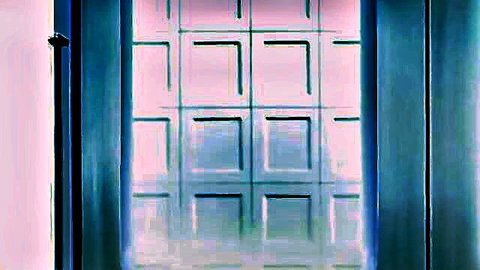 Mysterious blue-curtained window scene in hentai anime video