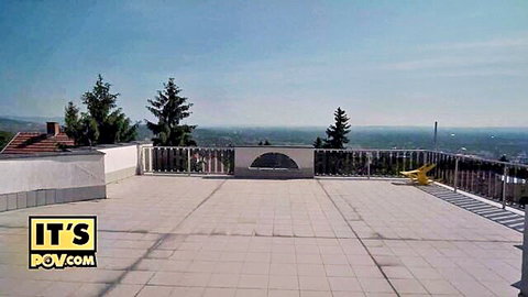 Nomi Melone MILF on sunny rooftop balcony in sexy red dress, POV tease