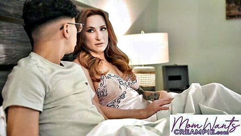 Sophia Locke in sheer lingerie seduces stepson on bed