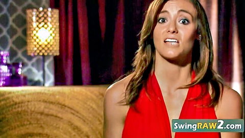 Brunette amateur in red dress shocked during partner swap orgy