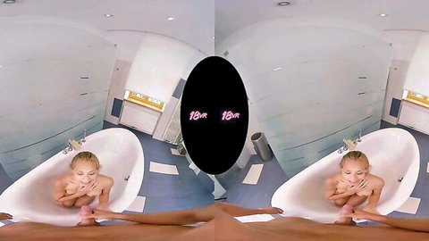 Young skinny tanned blonde with small tits nude in bathtub spreading legs flashing shaved pussy VR
