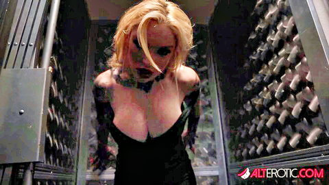 Misha Montana in tight black dress, blonde bombshell with big tits and tattoos