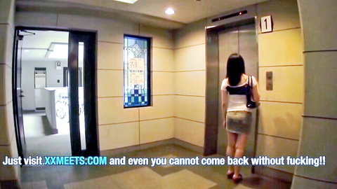 Akane Yoshinaga in mini skirt standing at elevator, JAV older sister tease