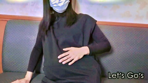 Pregnant Asian woman in black dress, hand on belly, masked face, JAV solo thumbnail