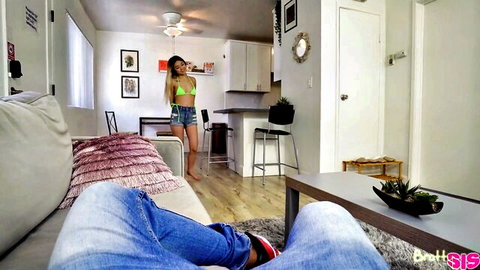 Tanned Asian Lulu Chu in yellow bikini top and denim shorts teasing in POV scene