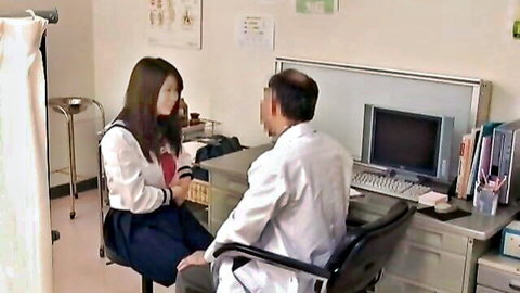 Japanese schoolgirl in sailor uniform consulting doctor in office