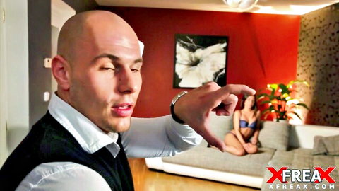 Eva Strauss brunette in blue bikini, seduced by bald man pointing