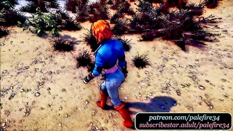 Borderlands redhead in blue jacket and red boots walking in desert, 3D adult animation teaser