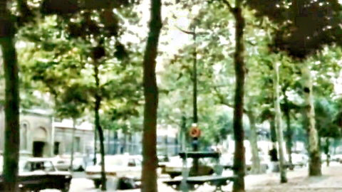 Vintage retro park scene with green trees benches old cars and French architecture