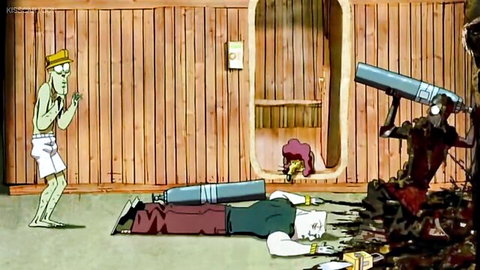 Hentai scene with green alien in hat watching buff guy lie dead with cum spilling from mouth and crotch after intense rough sex