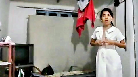 Young Filipino student in white dress on webcam