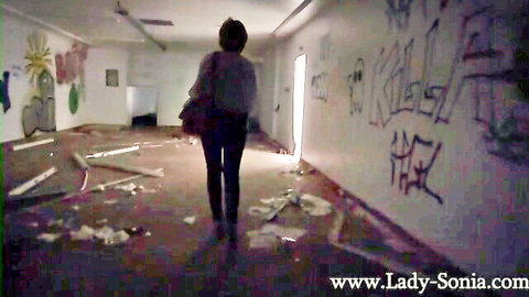 Lady Sonia walking teasingly in abandoned factory before stripping naked, mature milf solo