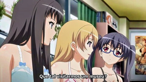 Three busty anime girls in skimpy bikinis smiling seductively in library